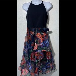 ELIZA J BELTED ORGANZA HIGH LOW FLORAL Dress 4P